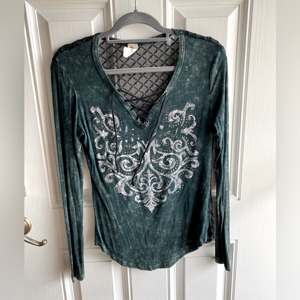 Affliction tie detail neckline see-through back, deep green/blue color